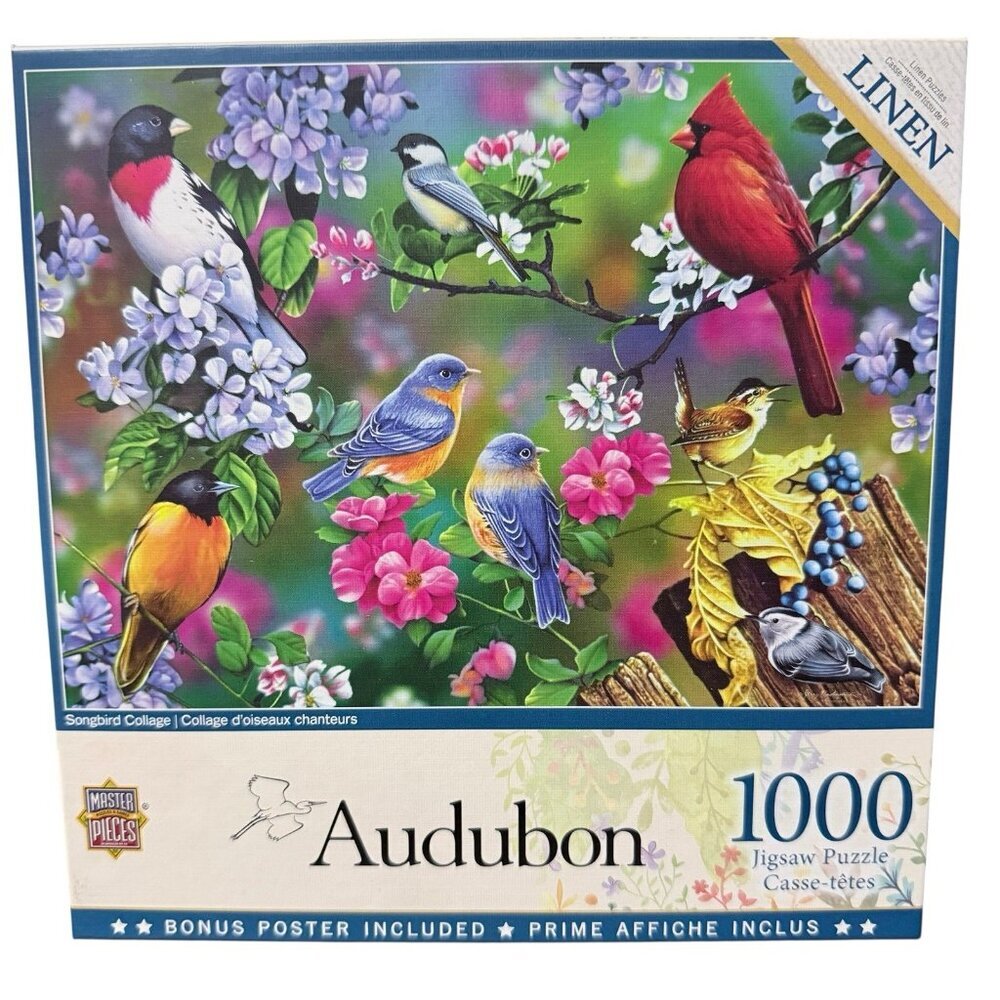 Audubon Songbird Collage Linen Puzzle 1000 Piece NEW Sealed Box Master Pieces